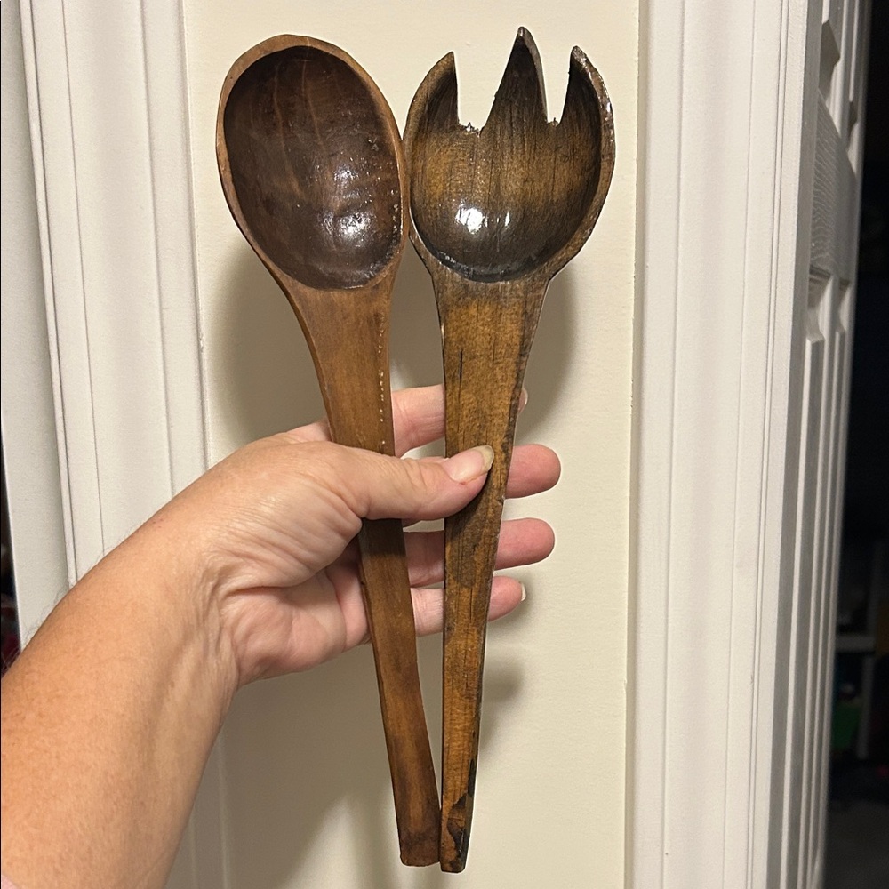 Hand Crafted Brown Carved Wooden Salad Server Set - Serving Fork & Spoon - 12”